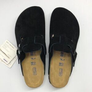 Women's Black Suede Birkenstock Boston Shoes - Narrow Fit